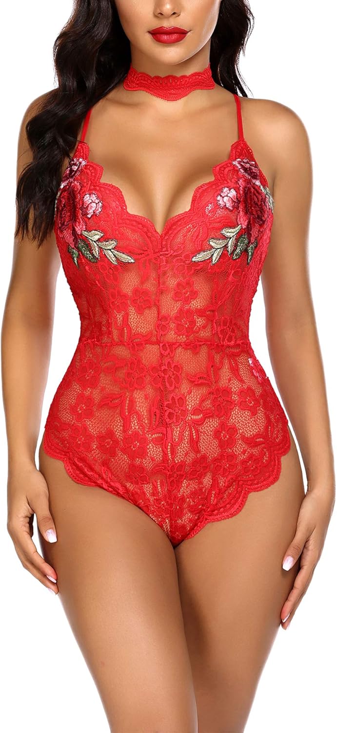ADOME Women Lingerie Bodysuit Embroidered Lace Teddy with Choker One Piece Babydoll: Clothing