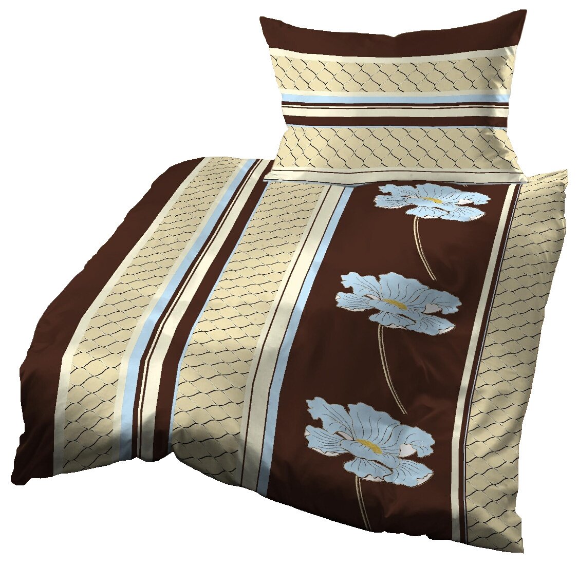 Gerald Wittmann Seersucker Duvet Cover Set, 100% Cotton, Single Bed, Stripes Mosaic with Flowers Brown Beige/Cream Blue, 140x200 cm + 70x90 cm
