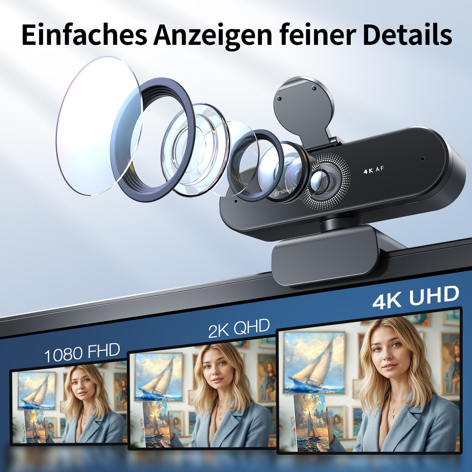 EMEET Webcam NOVA 4K, 4K Webcam mit 2 Mikrofon mit Rauschunterdrückung, Ultra HD Webcam mit 73° Weitwinkel und Objektivabdeckung, PDAF Autofokus, Web Cam für Mac, Laptop, Zoom, Teams 2