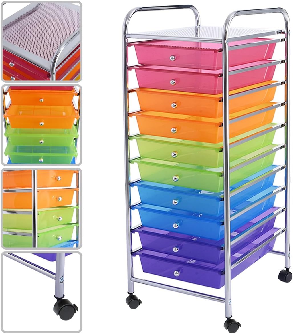 onetouchstore9 10 Drawer Rolling Storage Cart Scrapbook Paper Office School Organizer Rainbow US Ship