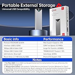 SSK M.2 NVME SATA SSD Enclosure Adapter, USB 3.2