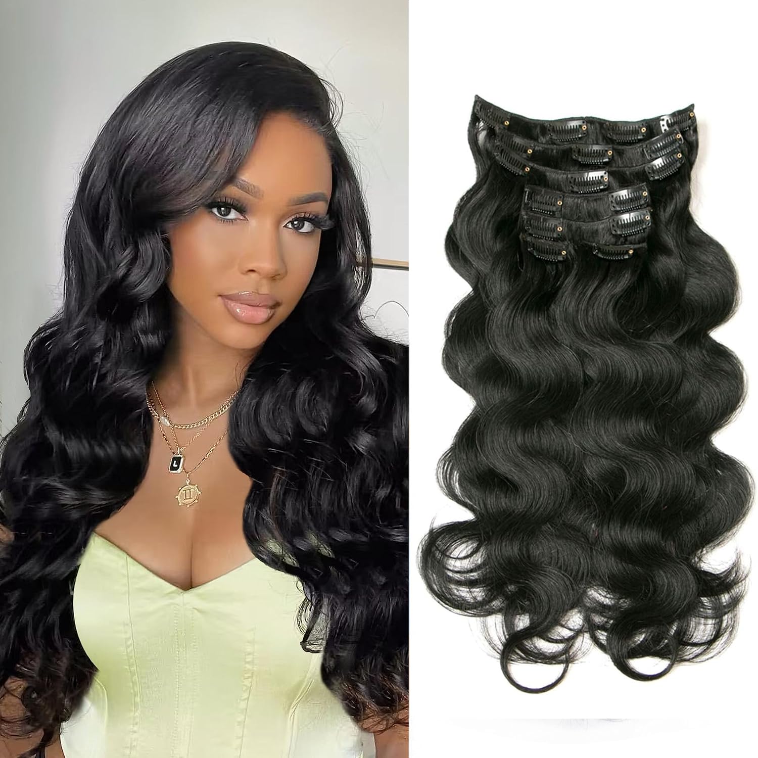 Clip in Hair Extensions 7pcs 70g Clip in Hair Extensions Human Hair Body Wave Hair Extensions Clip Ins for Women (1# Jet Black, 15Inch)