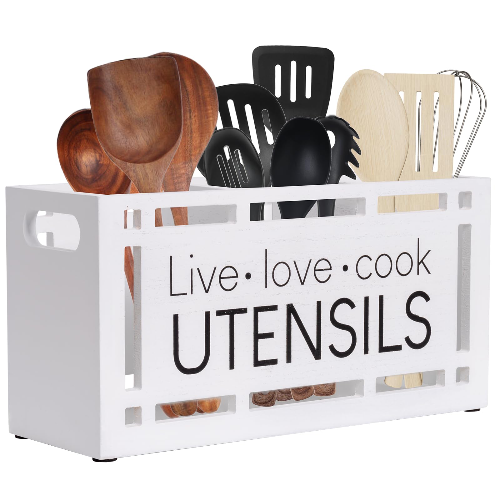 Karisky Utensil Holder for Kitchen Counter, Large 3 Compartments Solid Real Wood Utensil Caddy Organizer with 4 Non-Slip Pads, Rectangular Cooking Tools Storage for Countertop, White