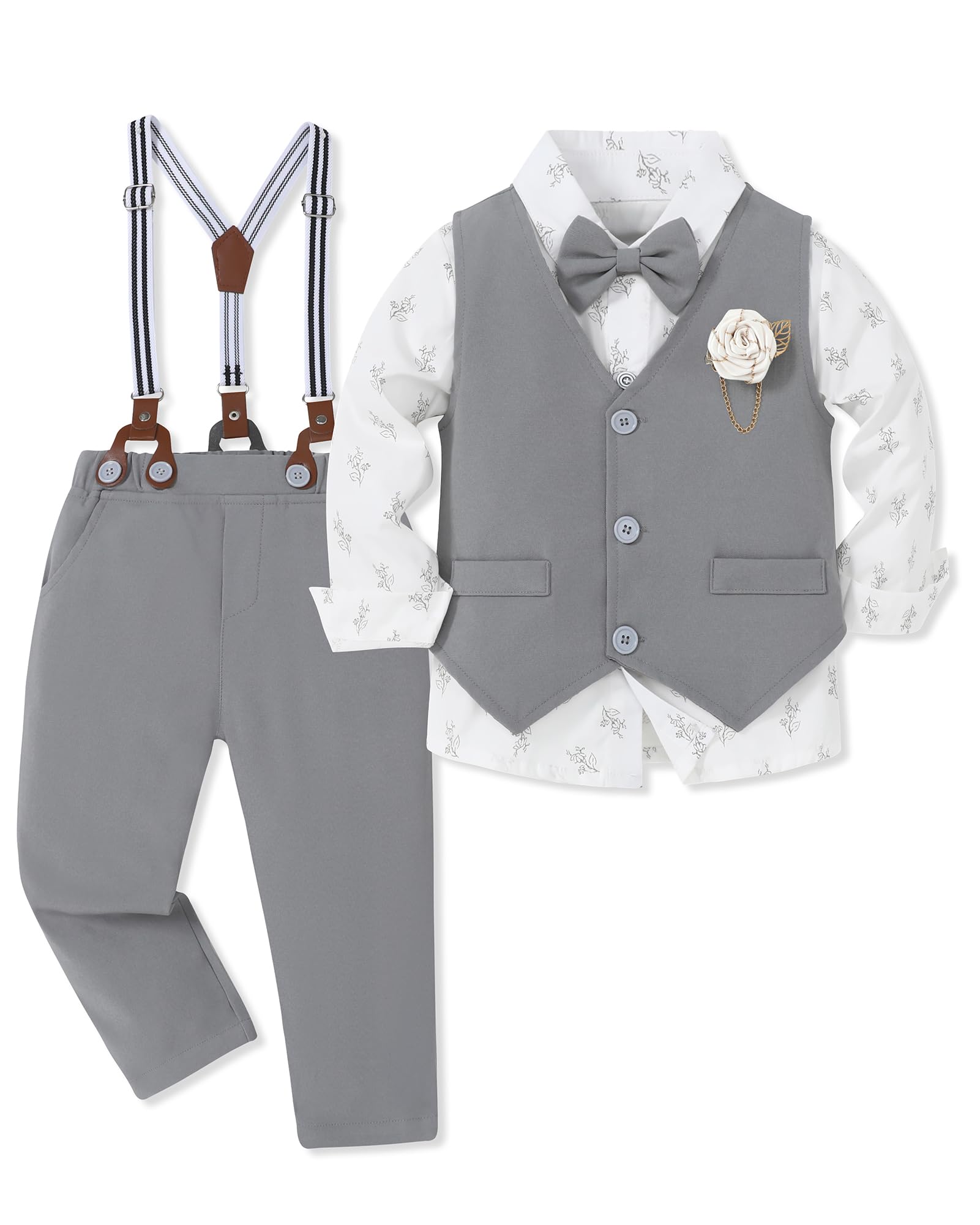 Photo 1 of ** UNKNOWN SIZE*** WESIDOM Toddler Boy Clothes Suit Formal Dress Shirt+Bowtie+Vest+Boutonniere+Suspender Pants Boys Gentleman Outfits Set Light Grey