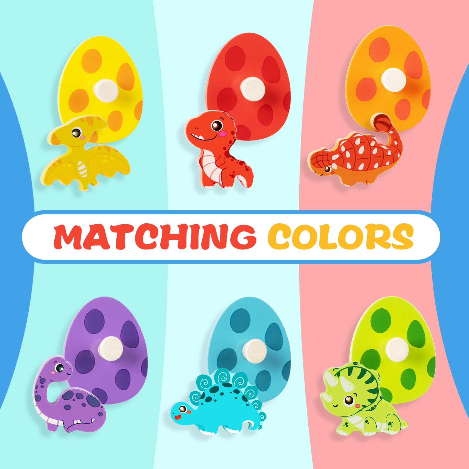 TOHIBEE Wooden Puzzles Montessori Toys for Toddlers 1-3, Dinosaur Eggs Peg Puzzles, Preschool Education Learning Toys for Boys and Girls, 6 Brightly Color Cute Dinosaur Shapes