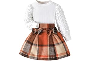 Noubeau Toddler Girls Plaid Outfits Girls Puff Sleeve Knit Ribbed Shirt Tops Plaid Skirt Set Kids Fall Winter Clothes