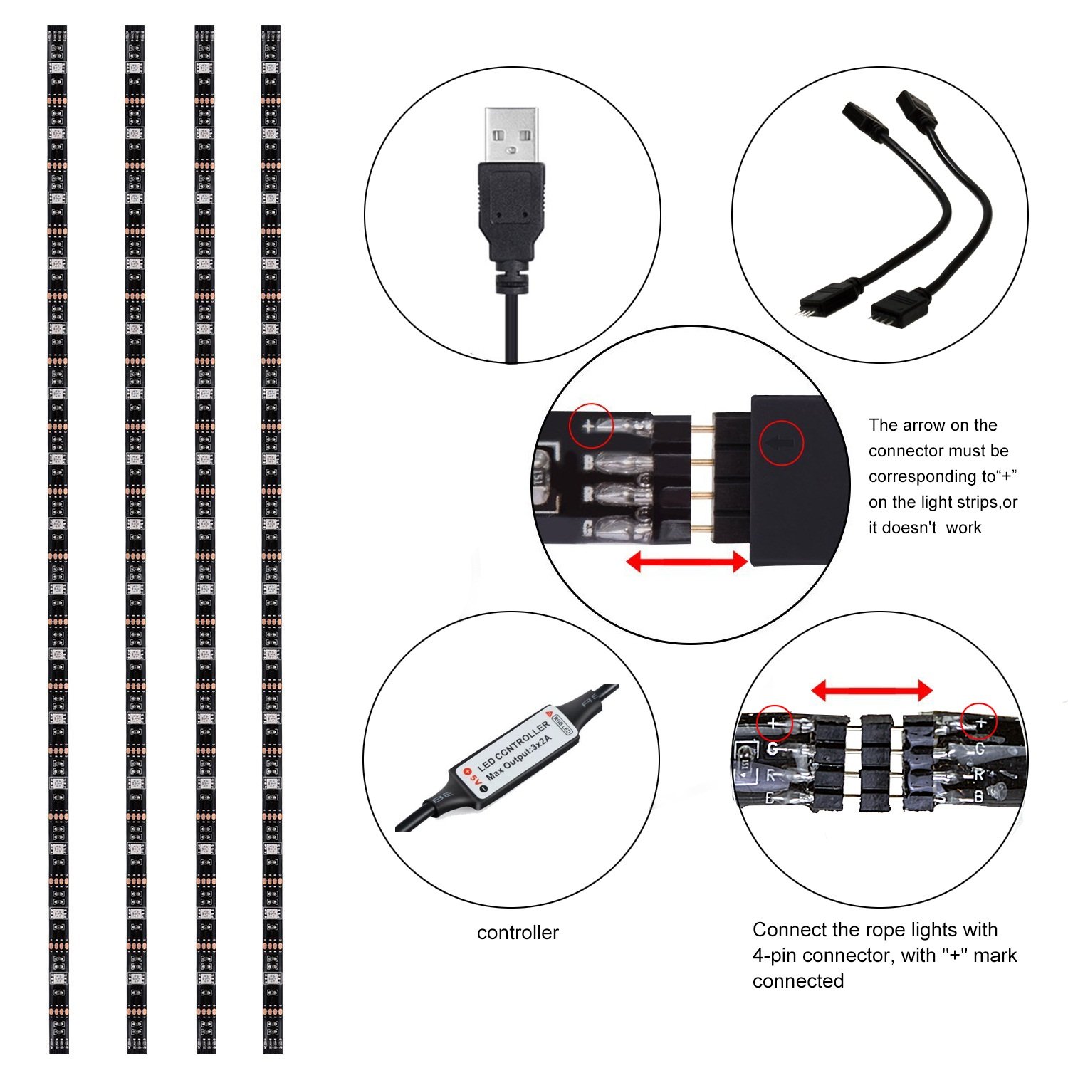 LUXJET TV Backlight LED Light Strip with Remote, 6.56ft (4x50cm), USB Powered, RGB Color Changing for 40-60in HDTV,Desktop PC Monitor,Home Theater, Under Cabinet,Showcase Decoration