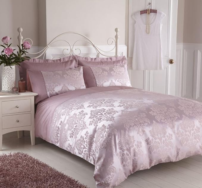Luxury Faux Silk Jacquard Floral Damask Bedding Duvet Quilt Cover, Rose