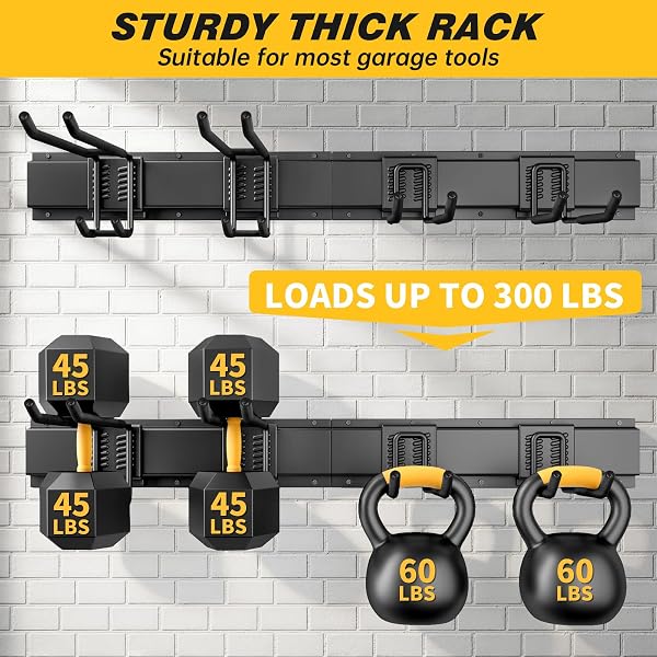 UUP 32 INCHES GARAGE STORAGE, GARAGE ORGANIZATION, WALL MOUNT GARDEN TOOL ORGANIZER, MAX 300LBS ADJUSTABLE METAL HOOKS, YARD SHED HANGING RACK, HEAVY DUTY SHELVING FOR RAKE BROOM MOP SNOWBOARD