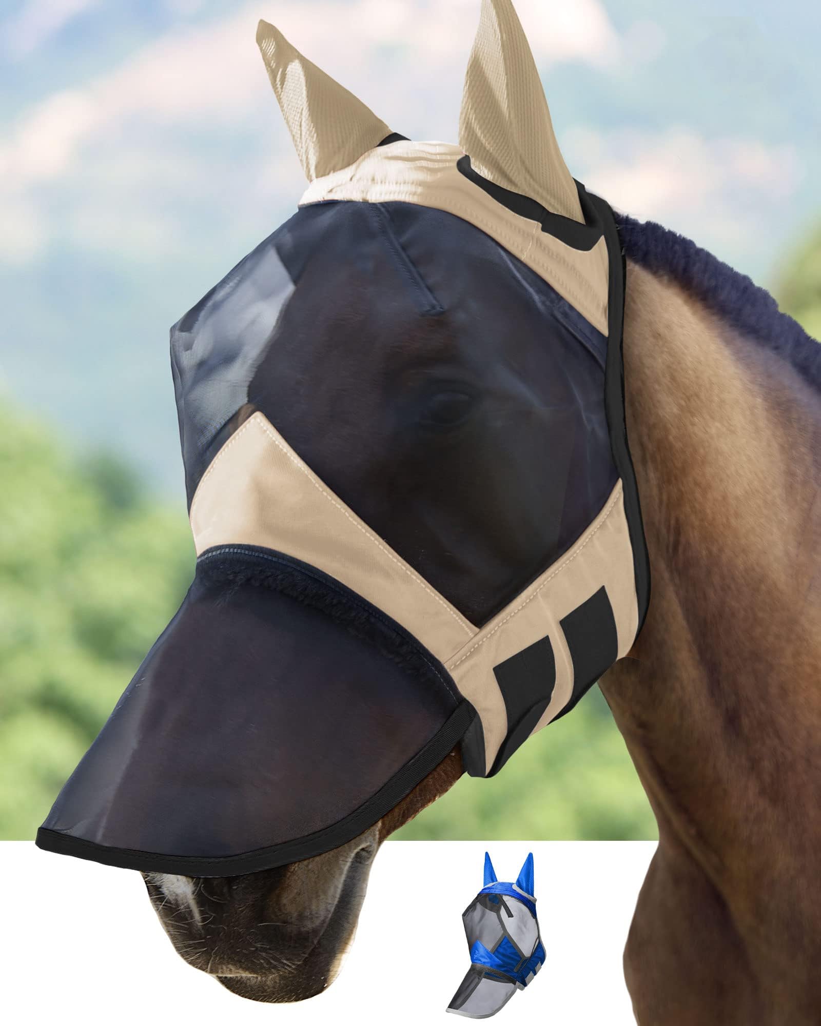 Harrison Howard CareMaster Pro Luminous Horse Fly Mask Large Eye Space Long Nose with Ears UV Protection for Horse Red Full Size Light Champagne Small Pony