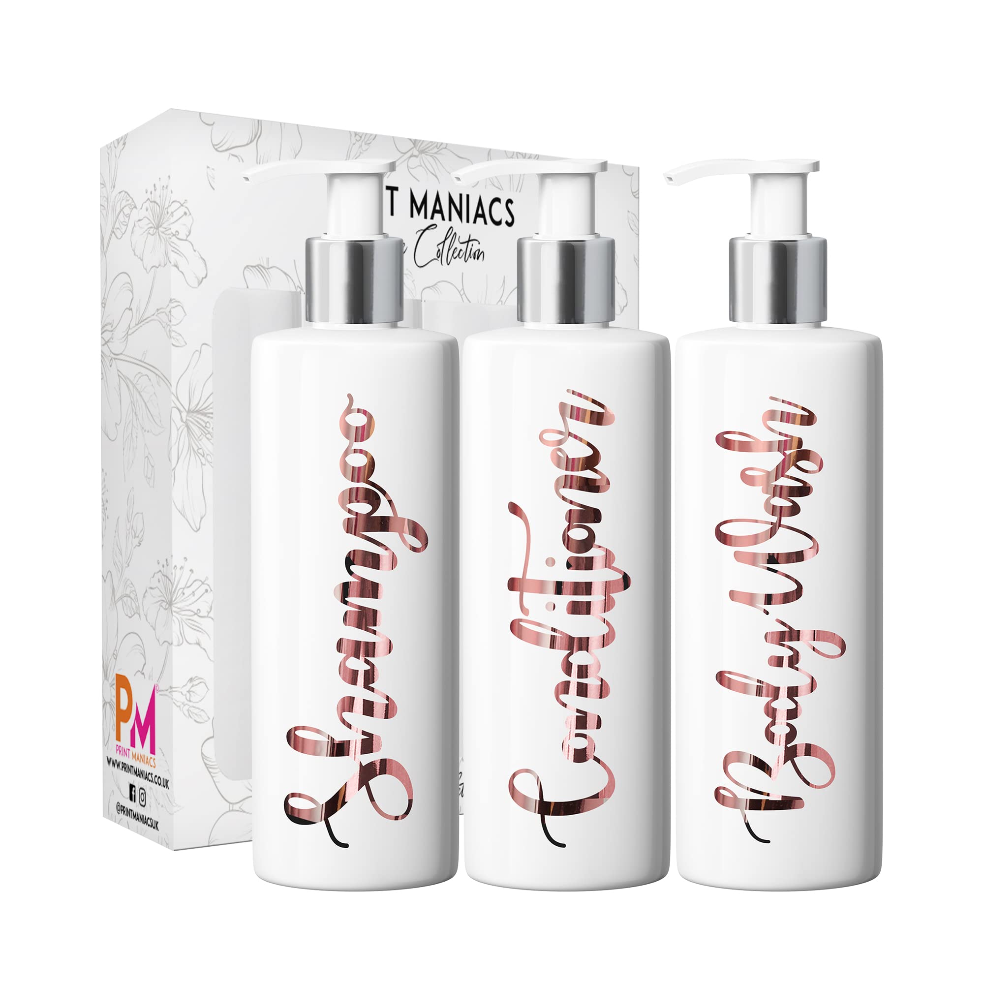 Print Maniacs 3 Set Mrs Hinch Inspired White Personalised Dispenser Pump Bottles Shampoo Conditioner Body Wash (Rose Gold)