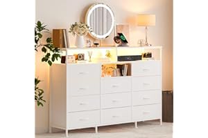 Dresser for Bedroom with 11 Fabric Drawers, Featuring Power Outlet & LED Lights, Wooden Top, 55”w TV Stand for Chest of Drawe