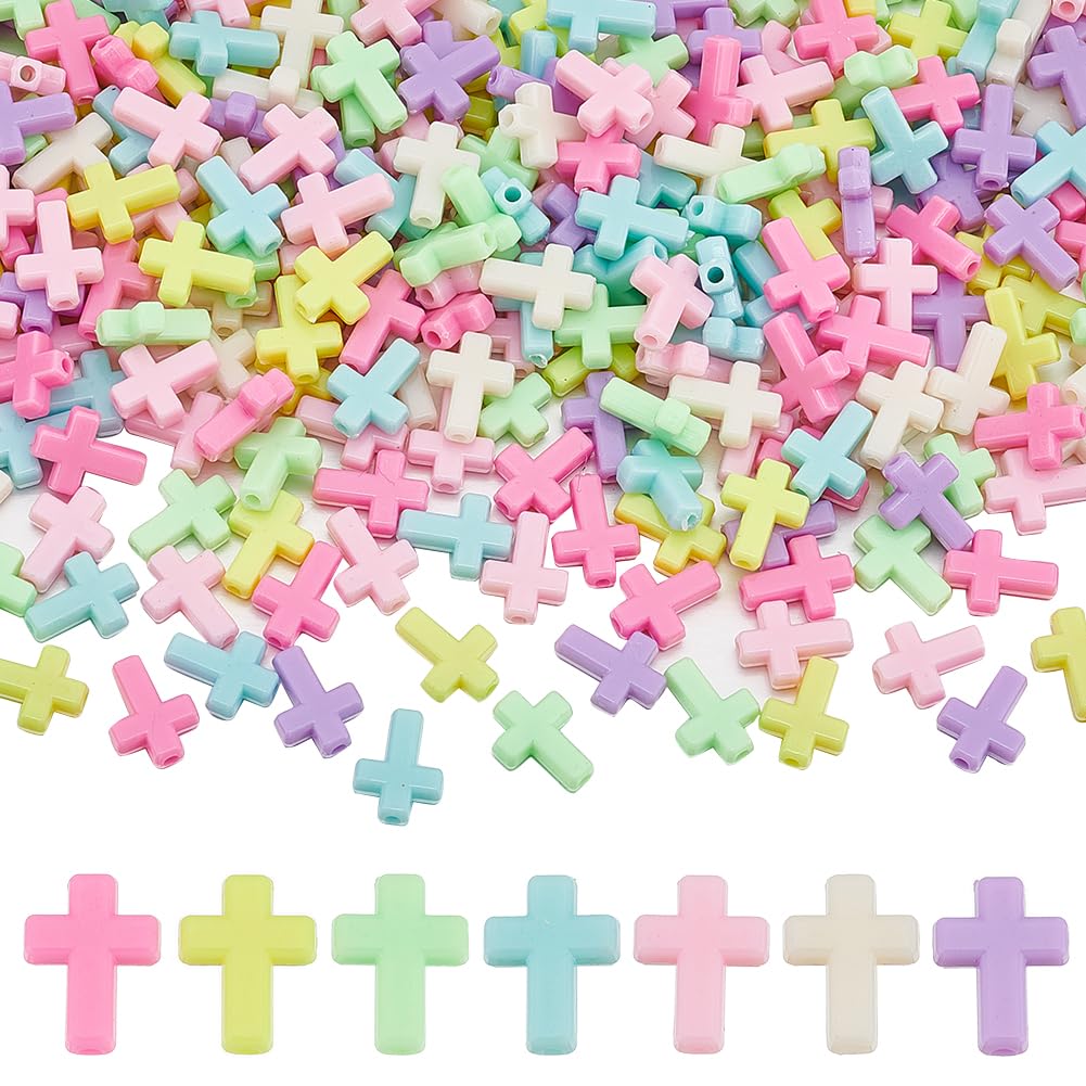 SUNNYCLUE 300Pcs Cross Beads Bulk Colorful Acrylic Cross Beads Mini Small Macaron Color Pocket Quilt Crosses Tiny Plastic Easter Crucifix Loose Spacer Beads for Jewellery Making DIY Beading Supplies