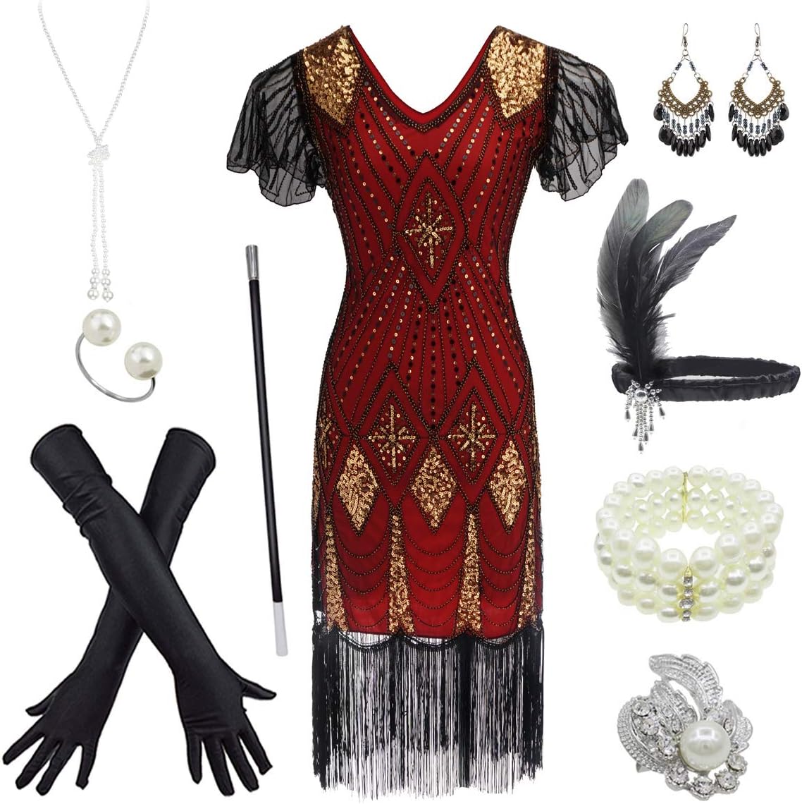 Fancy ClothingWomen's 1920s Gatsby Inspired Sequin Beads Long Fringe Flapper Dress w/Accessories Set