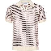 OXKNIT Men’s Knit Polo Jacquard Panel Shirt Short Sleeve Retro Textured Vintage Polo Shirt V-Neck