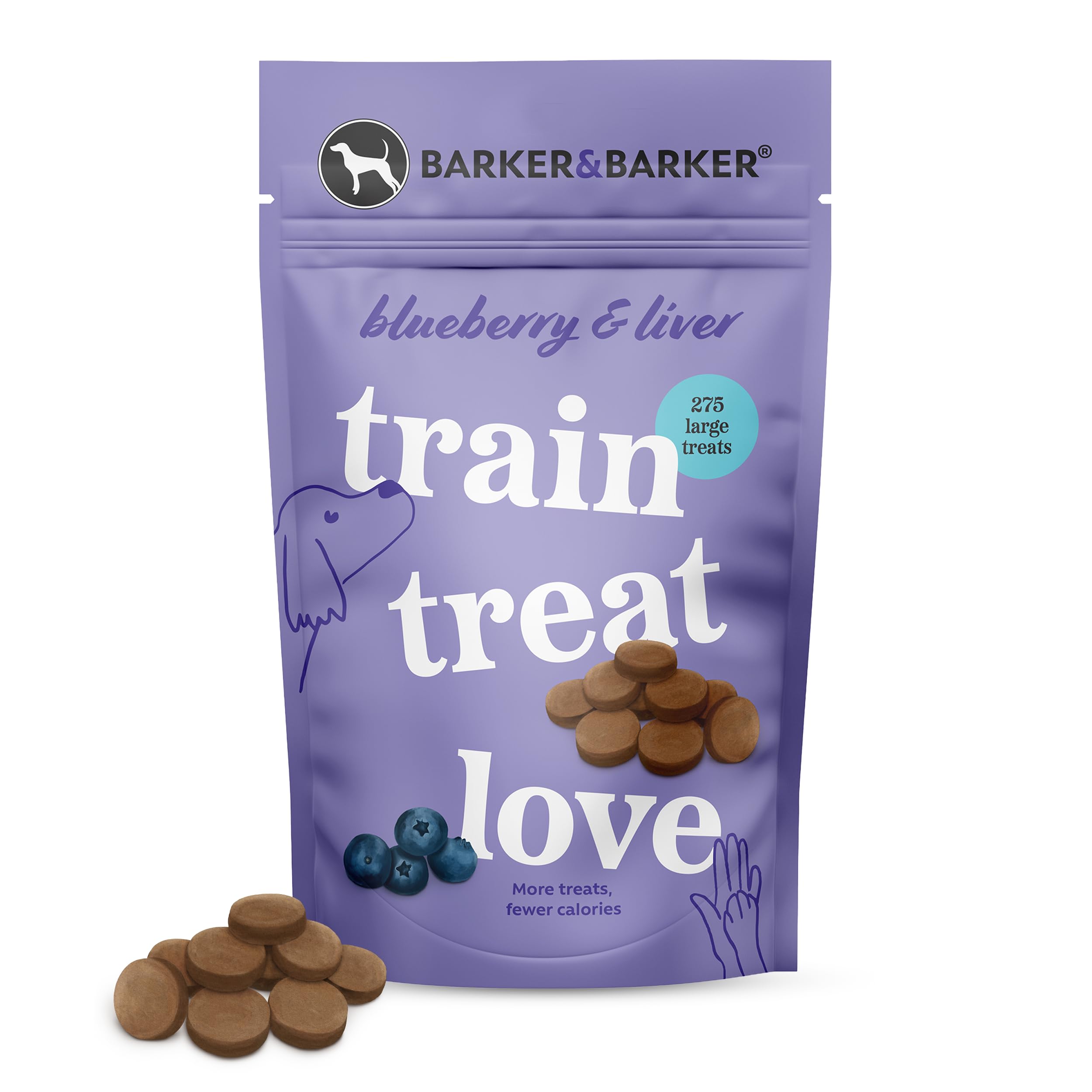 Barker and Barker Grain Free Dog Training Treats | 275 Large Blueberry & Liver Treats | Low Calorie, High in Protein, Vitamin C, B6, & E | 100% Human-Grade Ingredients for Medium & Large Breed Dogs — image 1