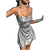 WDIRARA Women's Metallic Criss Cross Backless Cowl Neck Flare Sexy Party Mini Dress