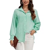 WEACZZY Women's Striped Button Down Shirts Long Sleeve Smocked Cuffed Oversized Boyfriend Blouses Collared Causal Tops