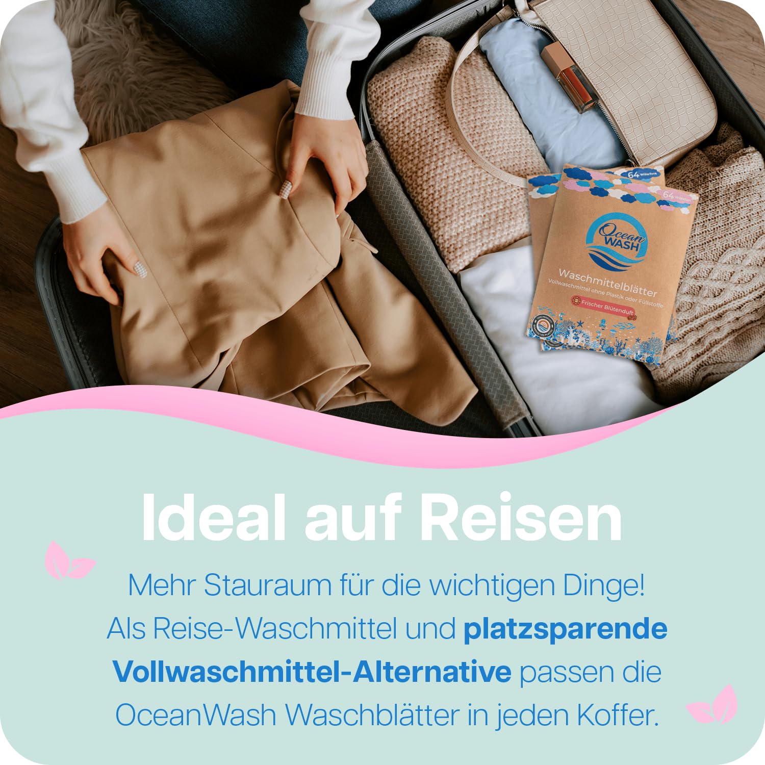 OceanWash Waschmittelblätter Blütenduft, Waschblätter Waschmaschine für alle Textilien und Farben, Waschtücher biologisch abbaubar, Laundry Detergent Sheets Vollwaschmittel, 64 Wäschen 5