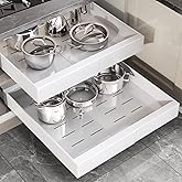 Seinloes 2 Pack Pull Out Cabinet Organizer 22" Deep,Full Extension 3 Slide Rails Slide Out Drawers With Raising Pad for Framed Cabinets,Expandable Width (12.3"-20.5"),No Drill Roll Out shelf,White