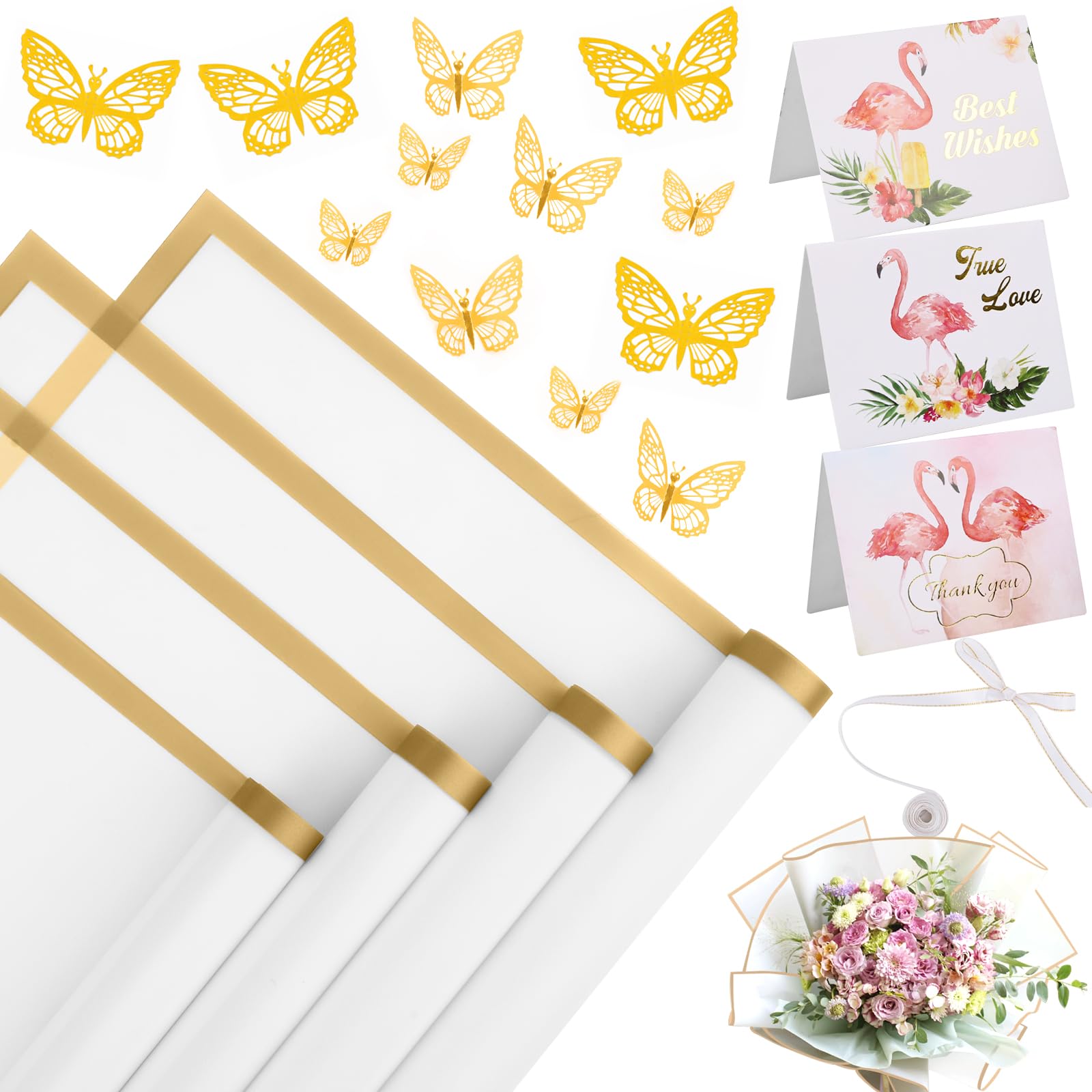 Photo 1 of 20 Sheets Flower Wrapping Paper - Waterproof Floral Bouquet Wrapping Paper, Florist Supplies with 3D Gold Butterfly Decor, Greeting Cards(White)