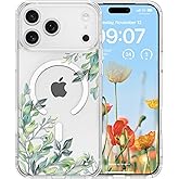 RALEAVO for iPhone 17 Pro Case Compatible with MagSafe Clear Floral Cover with Green Leaves Pattern for Girls Women Slim Cute Hard Back Shockproof Phone Case for iPhone 17 Pro,Transparent