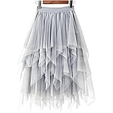 LBKKC Tulle Skirts for Women, Puffy Skirt Asymmetrical Midi Length Ruffled Tutu Layered Mesh Fairy Skirt