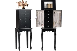 Giantex Standing Jewelry Armoire Cabinet with 4 Drawers, Flip Top Mirror, Top Storage Compartments, 2 Side Doors with 8 Necklace Hooks, Freestanding Jewelry Organizer Box Chest (Black)