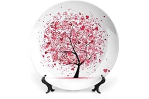 XISUNYA 8 Inch Decorative Plate, Tree of Life Tableware Plate, Ornate Valentine Tree with Swirling Hearts Doodles Love Print Ceramic Display Plate for Ornaments Giving Plates, 1 Plate with 1 Display Stand