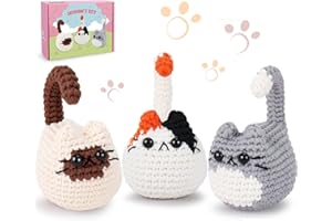 AUSPICIOUS BEGINNING Cat Crochet Kit for Beginners-3PCS Cats Crochet Kits for Adults Kids, Crochet Starter Kit with Step-by-Step Video Tutorials,Crochet Animal Kits Knitting Kit DIY Craft Learn to Crochet Kits for Adults