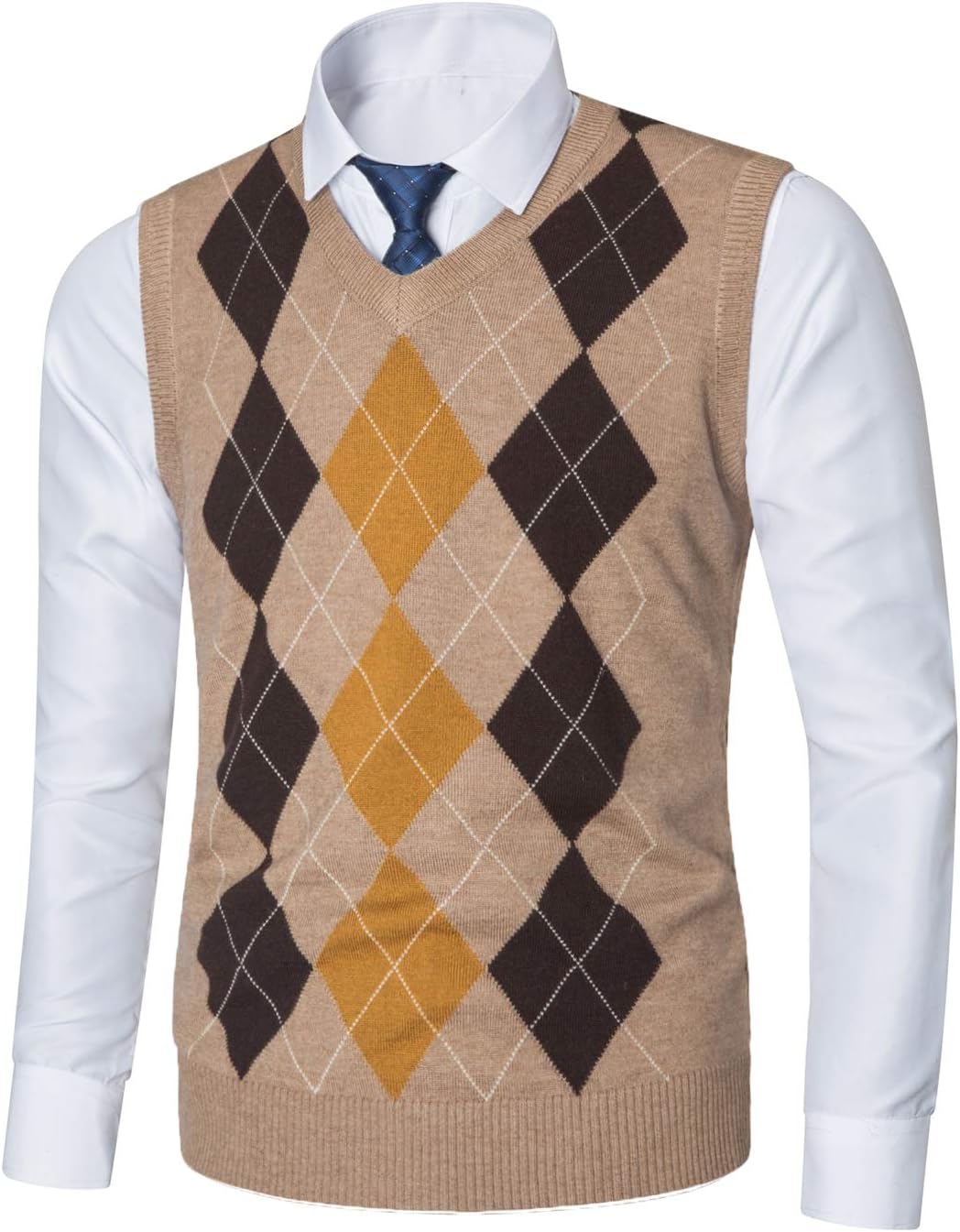 Mens Casual Knitwear V-Neck Sleeveless Slim Fit Argyle Pullover Knitted Sweater Vest