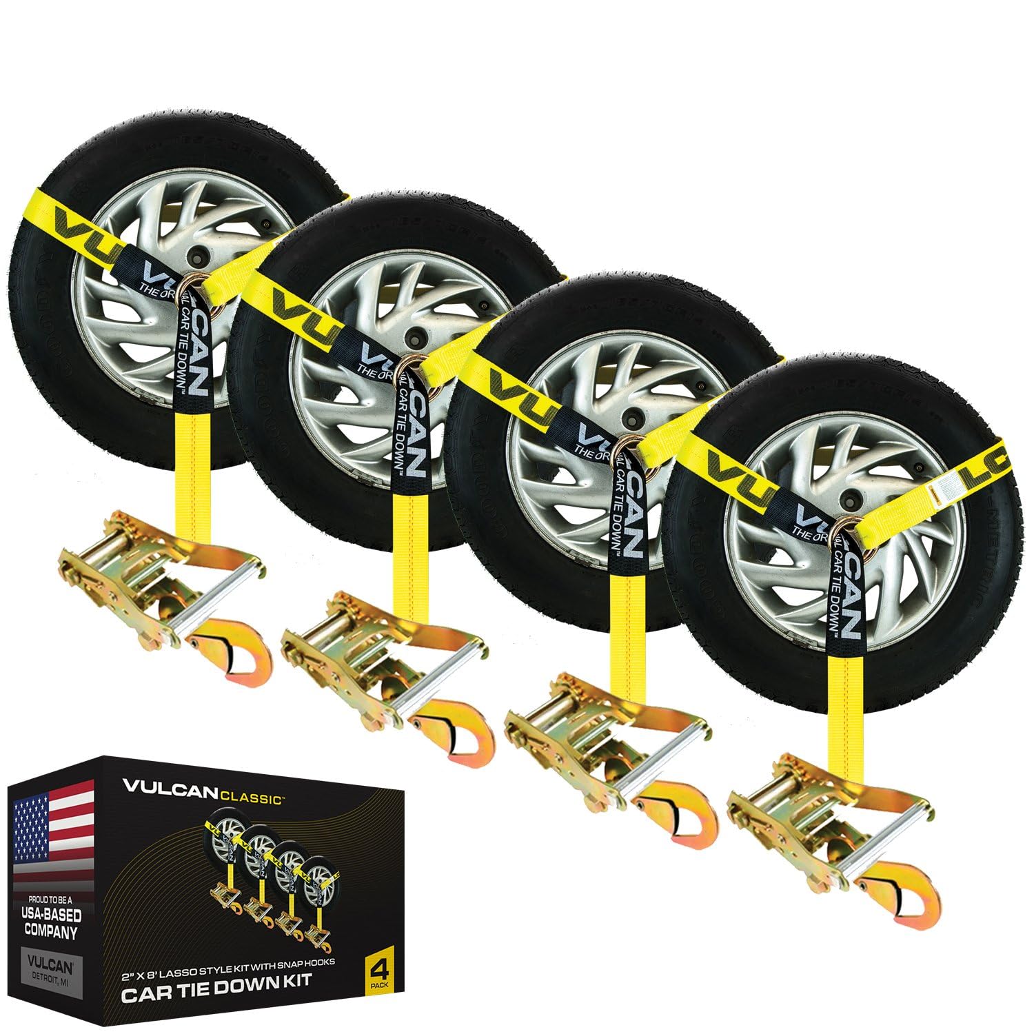 Photo 1 of VULCAN Car Tie Down with Snap Hooks - Lasso Style - 2 Inch x 96 Inch - 4 Pack - Classic Yellow - 3,300 Pound Safe Working Load