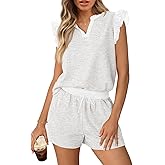 MEROKEETY Women's Summer Two Piece Short Sets Ruffle Sleeve V Neck Cute Tops Matching Lounge Outfits