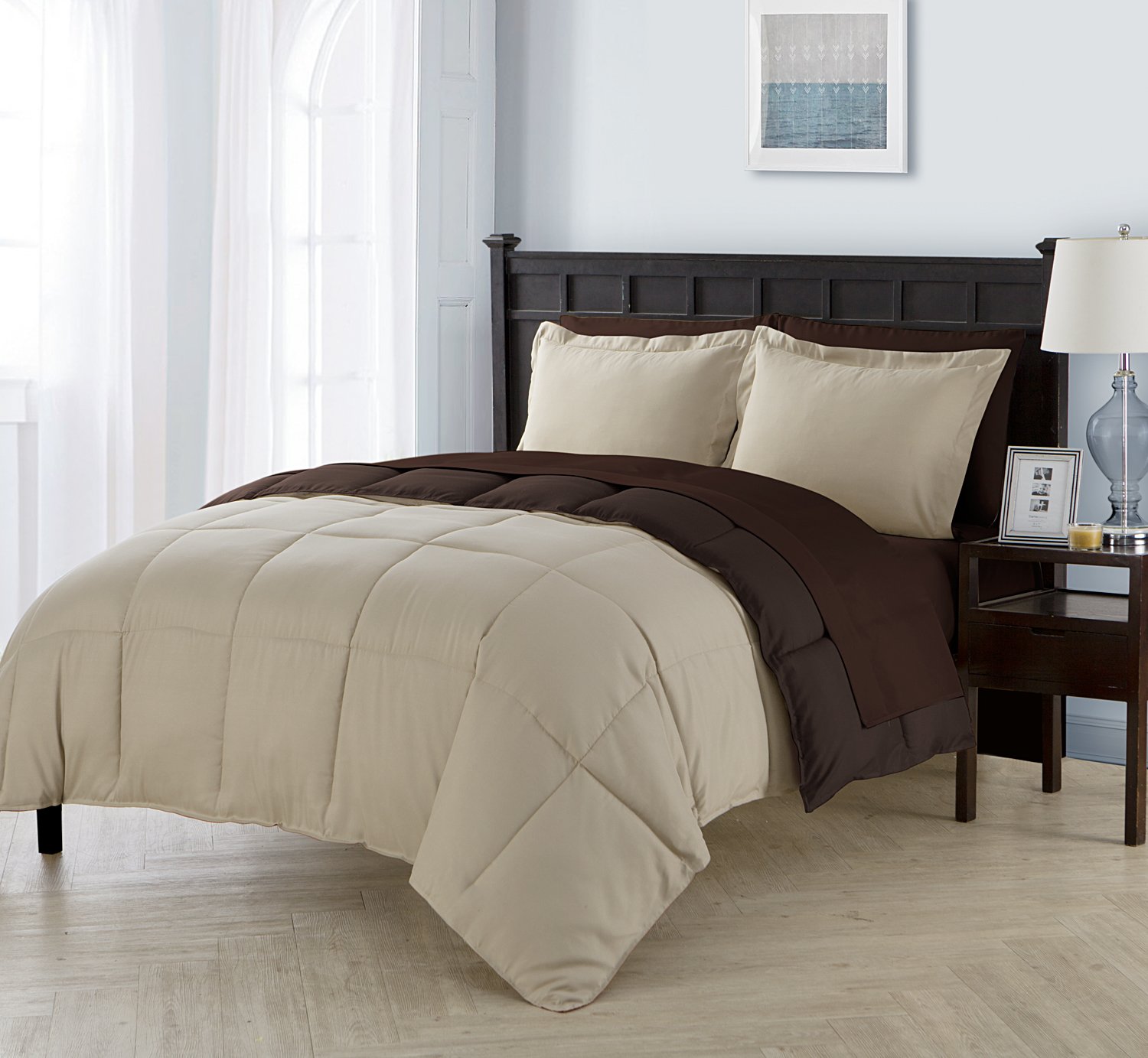 Full Size Complete BED-IN-A-BAG Reversible in Taupe / Brown Contrasting Colors 7 Pc Set w/ Sheets