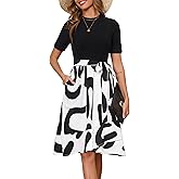 Annebouti Womens 2026 Short Sleeve Summer Spring Ribbed Modest Semi-Formal Teacher Casual Work Midi Dress with Pockets