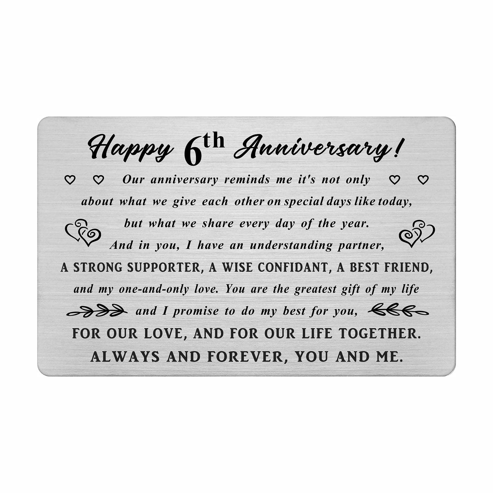 6th Anniversary Card, 6th Wedding Anniversary Husband Wife Gifts, Steel Engraved 6 Year Anniversay Wallet Card, 6 Yr Anniversary Romantic Gifts for Him Her