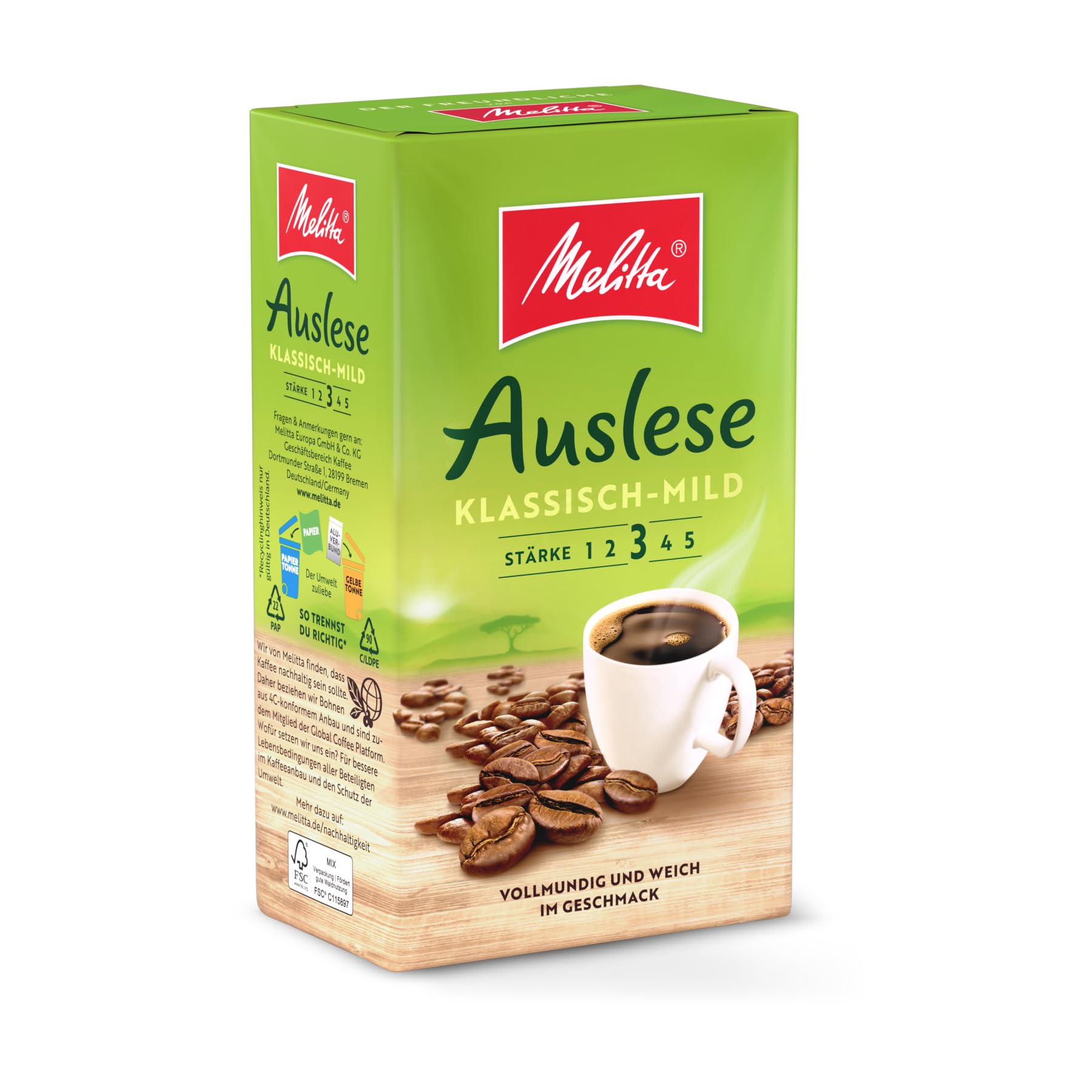 Melitta Auslese Klassisch-Mild Filter-Kaffee 500g, gemahlen, Pulver für Filterkaffeemaschinen, mittlere Röstung, geröstet in Deutschland