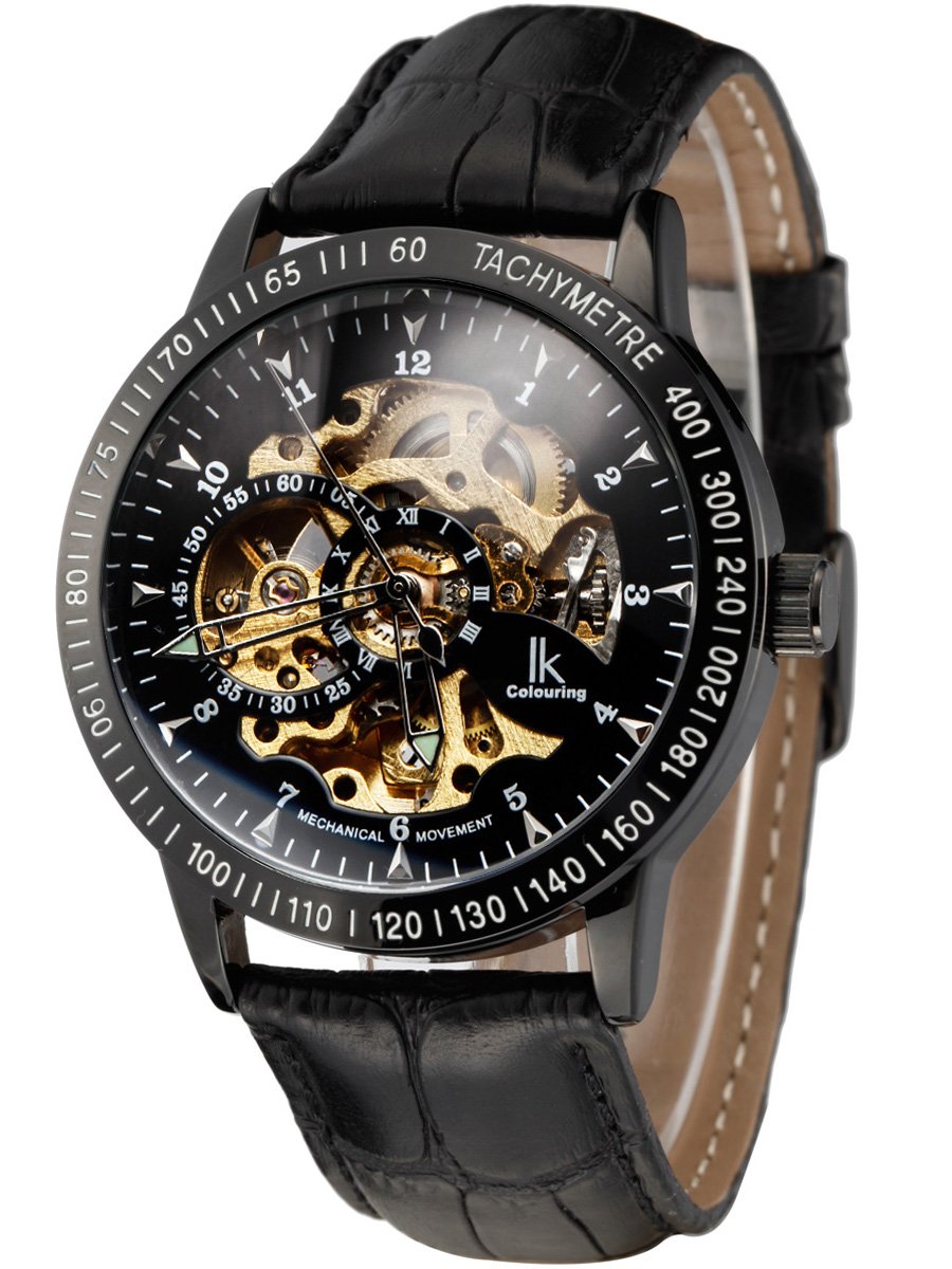 Alienwork IK Automatic Watch Men Women Black Leather Strap Skeleton