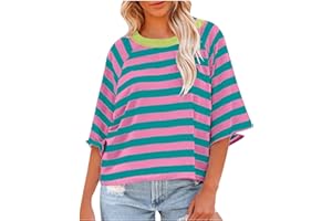 GOBUQIRAN Striped Tshirt Women Loose Fit Quarter Sleeve Tops for Women Plus Size Summer Tops for Women 2024 Trendy Crewneck