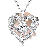 Sterling Silver Trendy Love Heart Pendant Necklace Dainty Heart with Rose Flower with CZ White Gold Plated Hypoallergenic Jewelry Charms Birthday Gift for Women