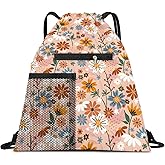 AYBELWG Drawstring Backpack Sports Gym Bag, Large String Swim Bag for Beach With Water Bottle Mesh Pocket, Cute Gym Sack with Zipper Pocket for Men Women Boho Orange Floral