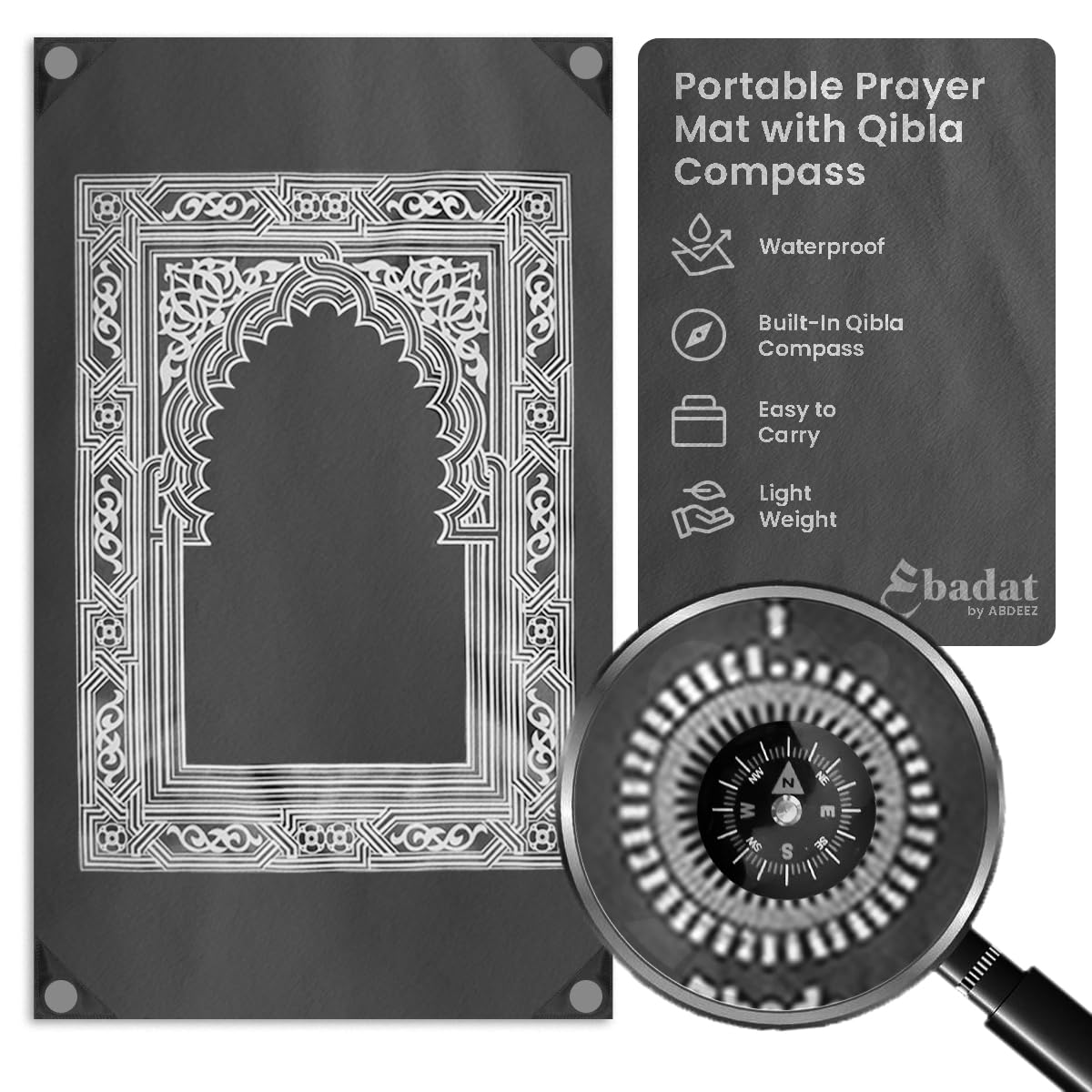 ABDEEZ Portable Prayer Mat with Built-in Qibla Compass and Pouch - Pray Anywhere, Anytime! (Black) — image 1