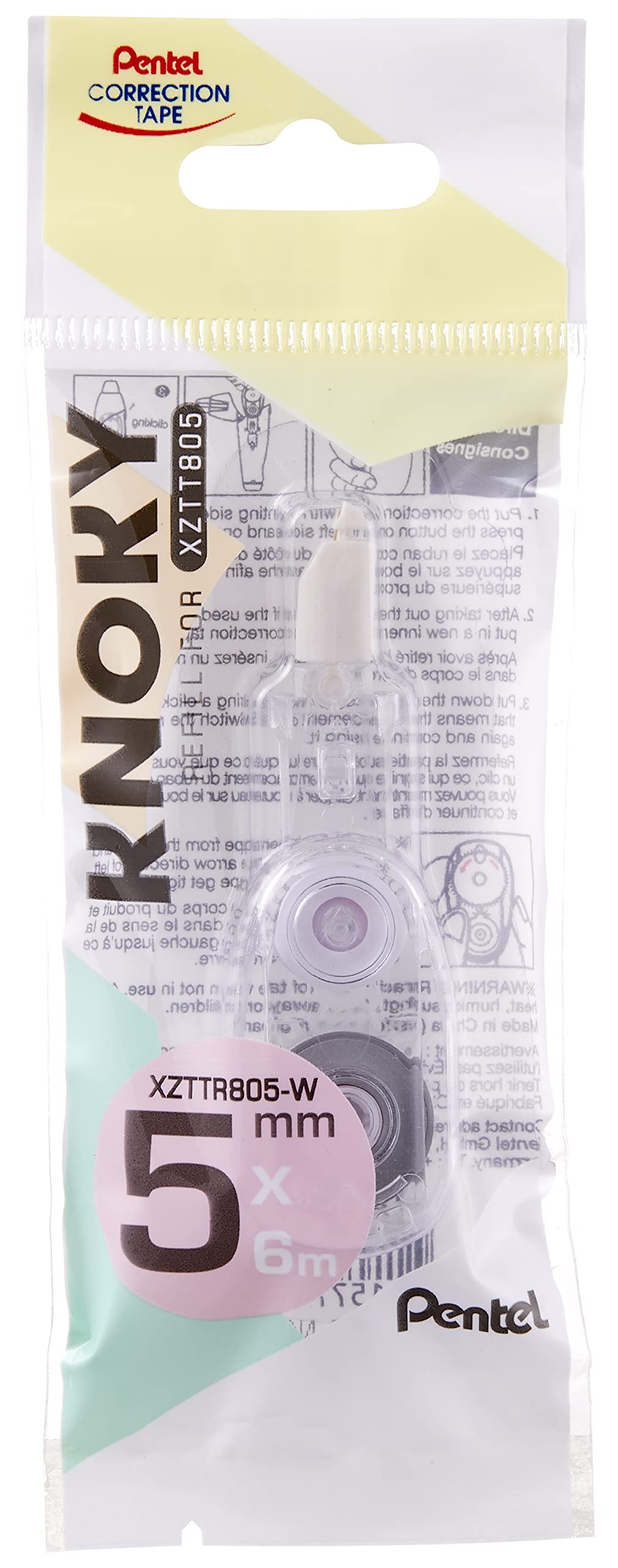 Pentel XZTTR805-WY Knoky Refill for Correction Tape Length 6 m Width 5 mm Pack of 12