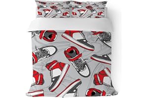 PALNOKIN Cool Basketball Shoes Duvet Cover Quenn Size Set, Retro Sports Red Sneakers Bedding Set 3 Pieces Soft Microfiber Quilt Cover for Kids Boys Teens Bedroom Decor, Comforter Cover with 2 Pillowcase