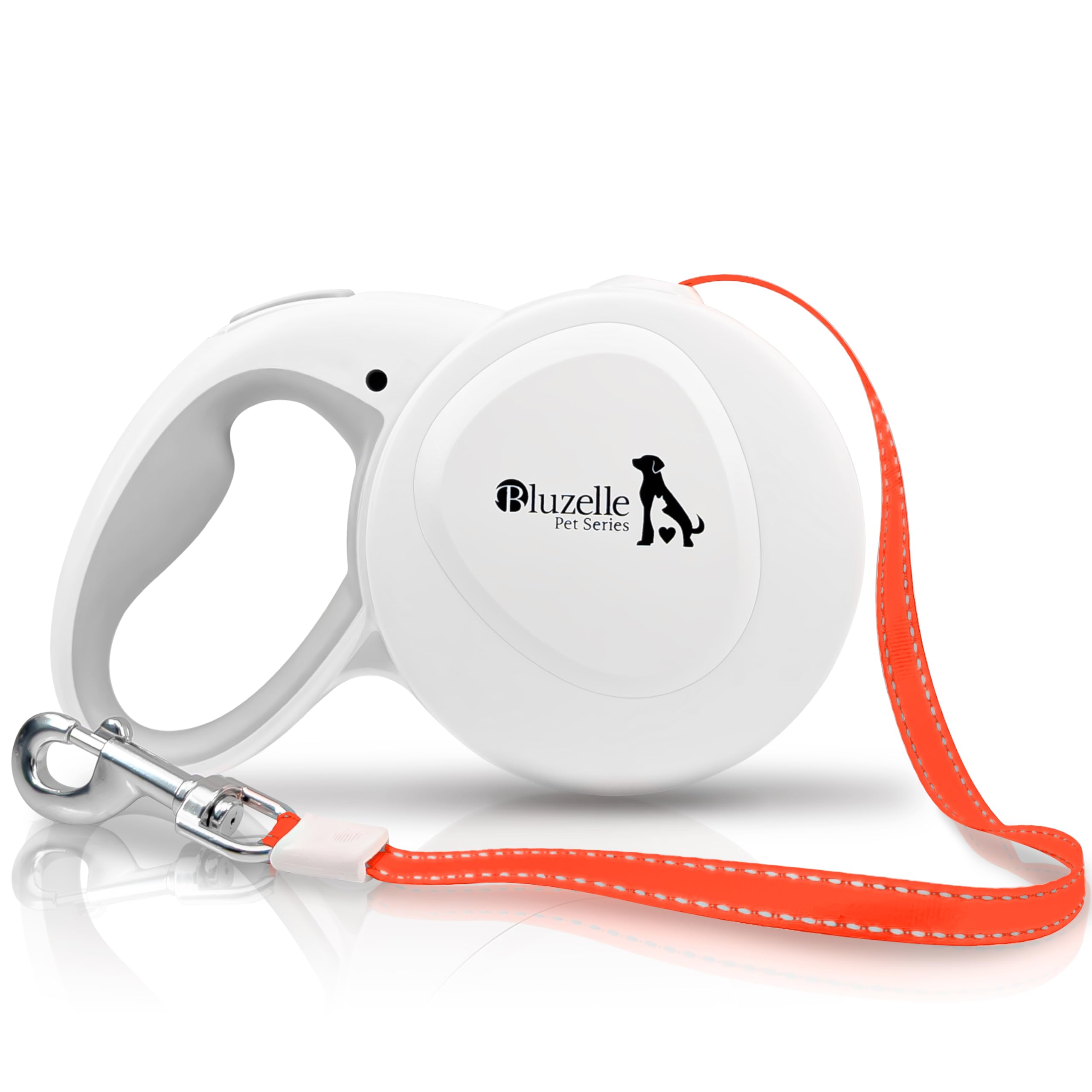 bluzelle 8m / 26ft Retractable Leash for Dogs up to 50kg / 110lbs, Bright Neon Orange Reflector Nylon Belt with 360° Snap Hook Metal, Reliable Braking One-Hand Ergonomic Rubberized Handle, White
