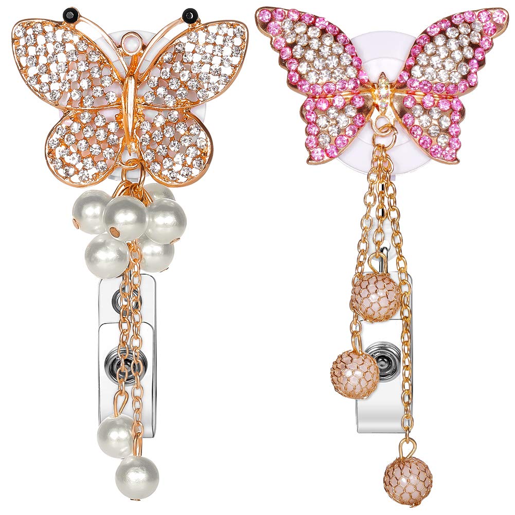 Nurse Retractable Badge Reel, Artscope Bling Badge Reel Clip, Crystal ID Name Badge Holder with 360° Swivel Alligator Clip (Diamond Butterfly)