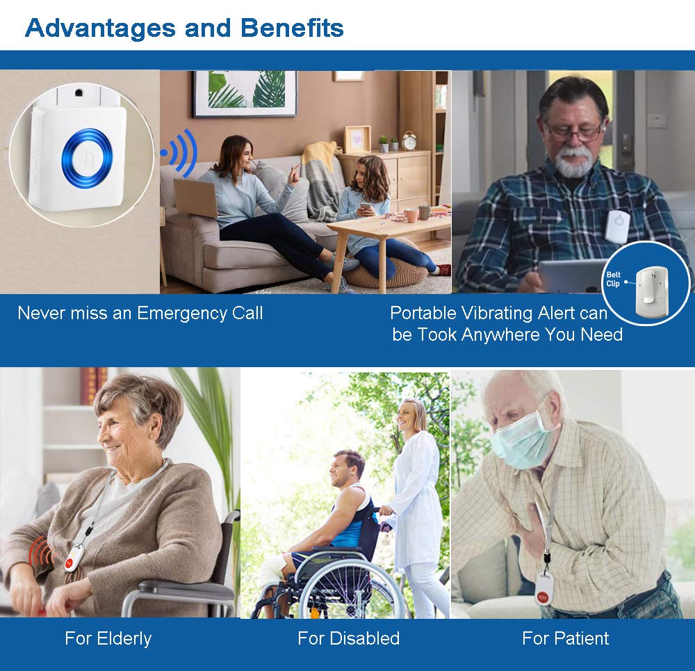 Caregiver Wireless Call System - Personal Alert Panic Button for Home Elderly Nurses - 1 Portable + 1 Plug-in Pager with 2 Emergency Buttons
