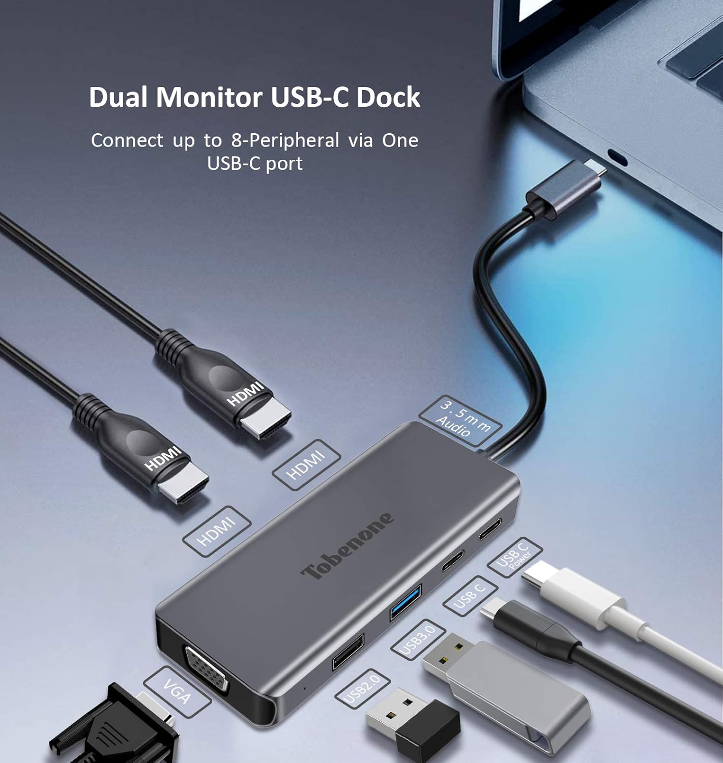 USB C Laptop Docking Station Dual Monitor, 8-in-1 USB C Dock with Dual HDMI, VGA, 2 USB, USB C Charging (PD) and 3.5mm Audio, Type C Docking Station Compatible for USB C Windows Laptops: Computers & Accessories