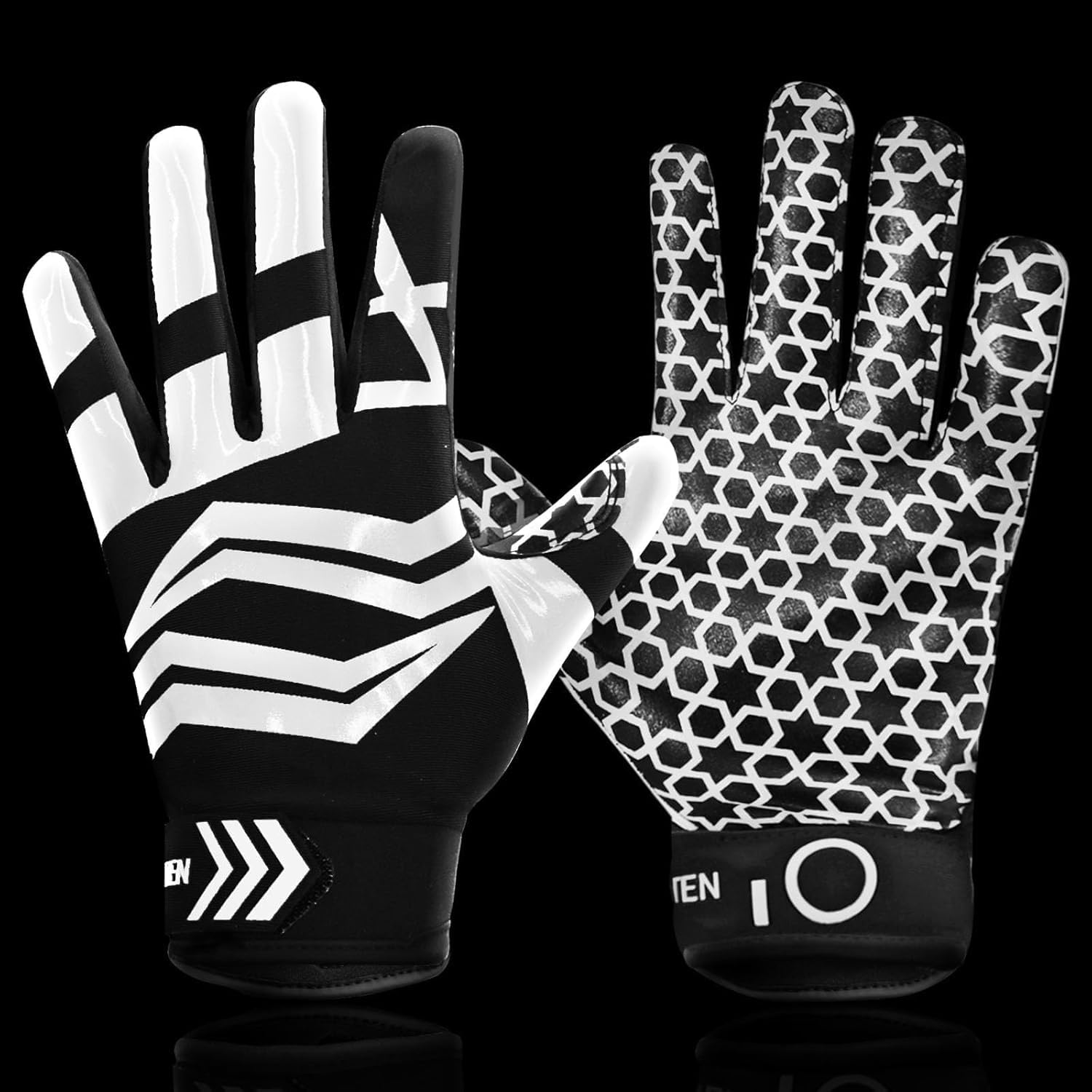 FINGER TEN American Football Gloves Youth Kids Ultra Tack Sticky Non-Slip Palm Receivers, Rugby Gloves for Boys Girls Flexible Stretch Protection Fit Children Age 5-14 (Black, Medium)