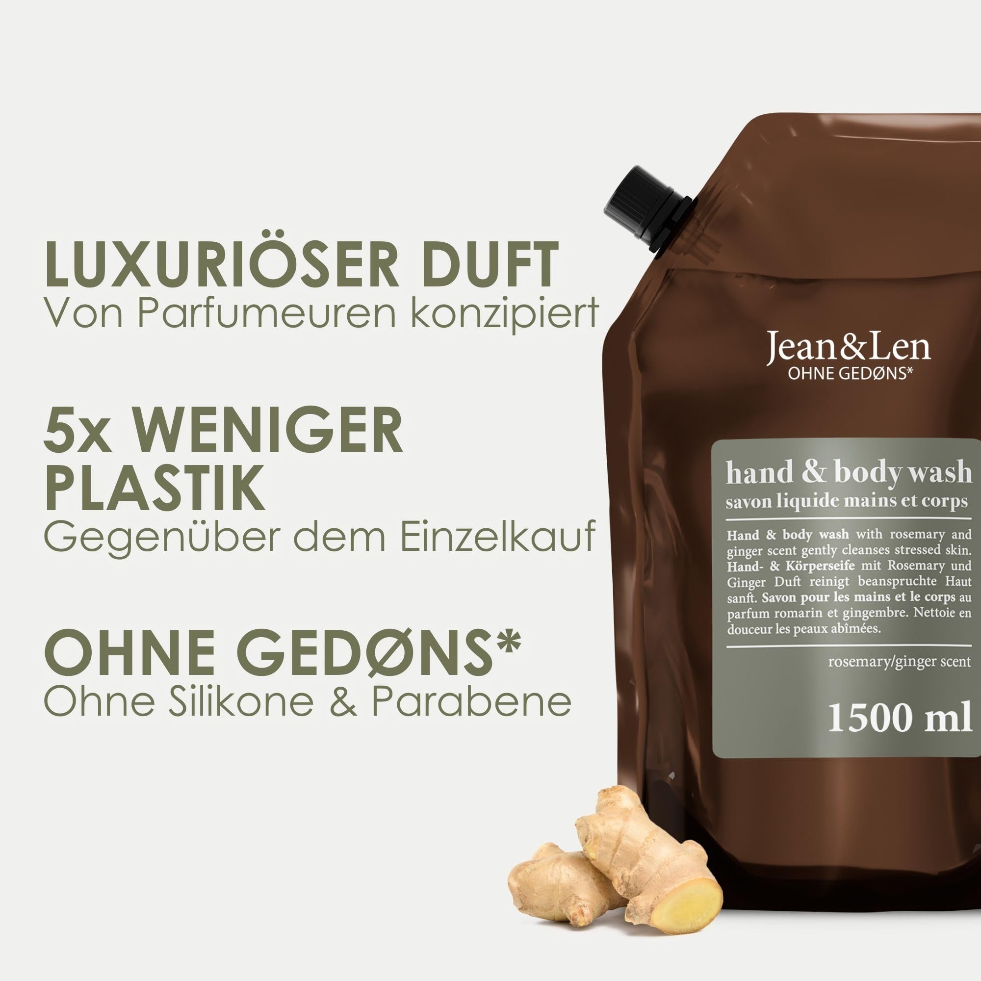 Jean & Len Hand & Body Wash Rosemary und Ginger im Nachfüllbeutel, reinigt und pflegt die Haut, würzig-frischer Duft, Flüssigseife im Nachfüllpack, ohne Silikone & Parabene, 1,5L 3